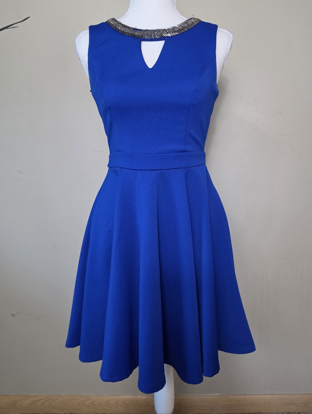 XOXO Cobalt Blue Fit & Flare Dress | Size 8 | Rhinestone Open Back Party Dress